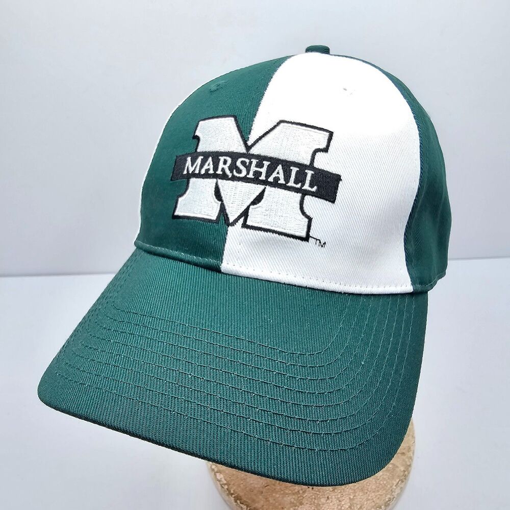 Vintage Marshall Thundering Herd Split Color Strapback Hat Green White Synergism